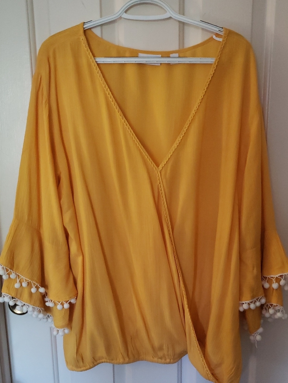 New York & Company Golden Yellow Pom-Trim V-Neck Faux Wrap Women’s Top XXL
